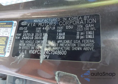 2012 Kia Sportage Ex z USA, uszkodzony, nr VIN KNDPC3A24C7348600